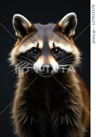 Raccoon posing on dark background, vertical wildlife portrait Raccoon posing on dark background, vertical wildlife portrait 127933579