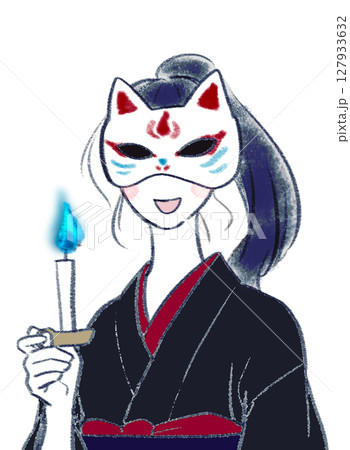 狐面を付けた黒い着物の笑っている女性 狐面を付けた黒い着物の笑っている女性 127933632