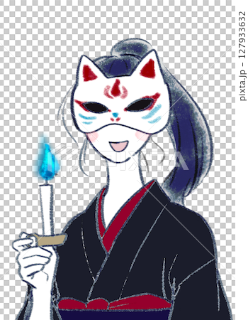 身穿黑色和服、戴著狐狸面具的微笑女子 身穿黑色和服、戴著狐狸面具的微笑女子 127933632