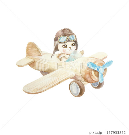 Wooden airplane with a teddy bear pilot. Hand drawn watercolor illustration isolated on white. For birthday cards, invitations, wallpapers and posters for childrens room. 127933832