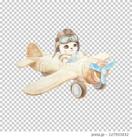 Wooden airplane with a teddy bear pilot. Hand drawn watercolor illustration isolated on white. For birthday cards, invitations, wallpapers and posters for childrens room. 127933832
