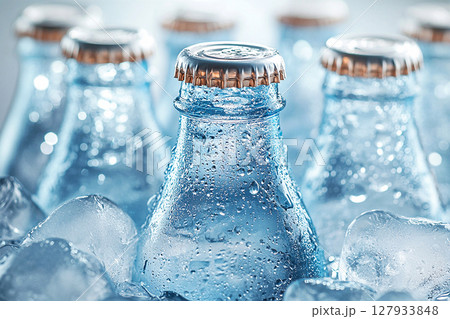 Summer breakfast. Retro cooler filled with glass soda bottles and ice. Retro style. Close-up. Summer breakfast. Retro cooler filled with glass soda bottles and ice. Retro style. Close-up. 127933848