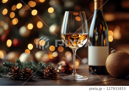 Celebration aesthetic. Christmas. Wine Glass with white wine and a bottle of wine with a blank label next to it. Mockup for wine industry branding. Celebration aesthetic. Christmas. Wine Glass with white wine and a bottle of wine with a blank label next to it. Mockup for wine industry branding. 127933853