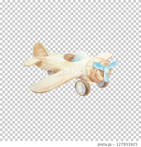 Wooden toy airplane. Hand drawn watercolor illustration isolated on white. For birthday cards, baby shower invitations, wallpapers and posters for childrens room. 127933925