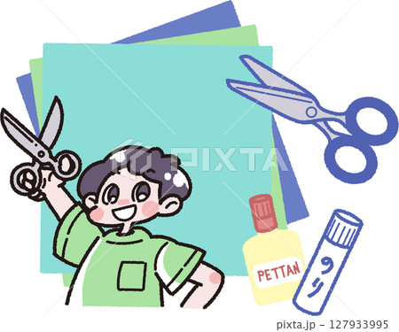 紙工作の道具とハサミを持った男の子のイラスト 紙工作の道具とハサミを持った男の子のイラスト 127933995