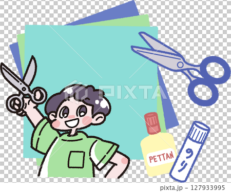 紙工作の道具とハサミを持った男の子のイラスト 紙工作の道具とハサミを持った男の子のイラスト 127933995