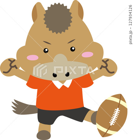 ラグビーボールを蹴る馬のキャラクター（午年スポーツ素材） 127934126