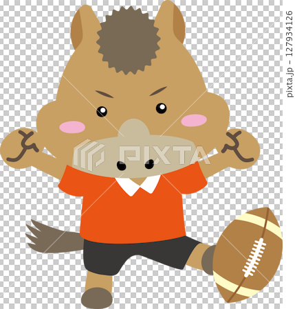 ラグビーボールを蹴る馬のキャラクター（午年スポーツ素材） 127934126