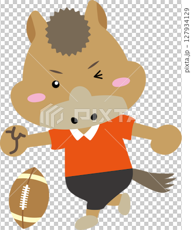 ラグビーボールを蹴る馬のキャラクター（午年スポーツ素材） 127934129