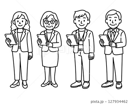 タブレットを持つビジネスパーソン4人セット（男女・世代別／線画） 127934462