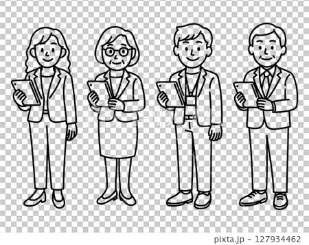 タブレットを持つビジネスパーソン4人セット（男女・世代別／線画） 127934462