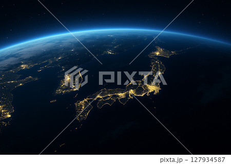 宇宙から見た地球の美しい青と星空の絶景 127934587