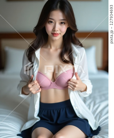 出張先のビジネスホテルにチェックインしワイシャツを脱ぐ会社員女性 127934693