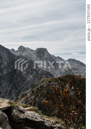 Autumn mountain landscape with rocky terrain and peaks, Prokletije National Park, Montenegro country 127935168