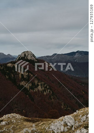 Colorful red forest and rocky mountain ridge in autumn, Prokletije National Park, Montenegro country 127935169