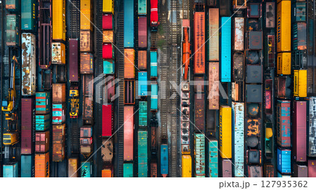 Railway freight station or junction, trains and wagons, top view.  AI Generated 127935362