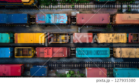 Railway freight station or junction, trains and wagons, top view.  AI Generated 127935380