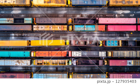 Railway freight station or junction, trains and wagons, top view.  AI Generated 127935403