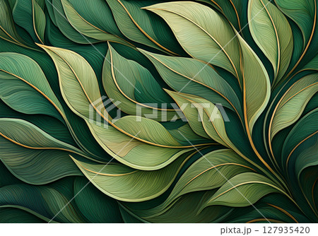 葉の形と自然な質感を持つオーガニックグリーンの抽象的な背景 127935420