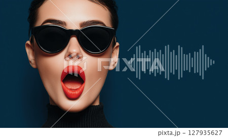 Woman with black sunglasses and red lipstick expresses surprise against blue background with voice command soundwave graphic 127935627
