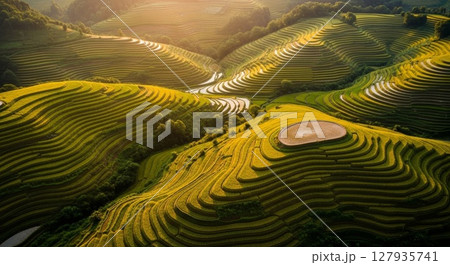 Aerial View of Stunning Golden Rice Terraces Landscape in Harvest Season with Curved Layers and Sunlight 127935741