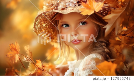 Autumn Portrait of Young Girl in Straw Hat with Falling Maple Leaves European Child 127935742