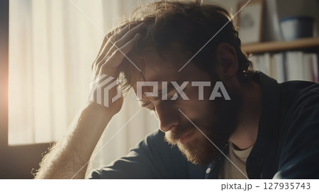 Bearded Man Experiencing Emotional Distress with Head in Hand Indoors 127935743
