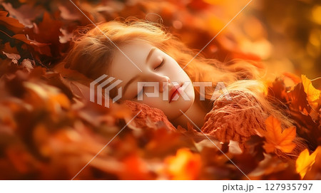 Peaceful Child Sleeping in Autumn Leaves Warm Golden Orange Tones Serene Dreamy Atmosphere Peaceful Child Sleeping in Autumn Leaves Warm Golden Orange Tones Serene Dreamy Atmosphere 127935797