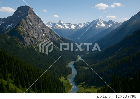 Scenic Mountain Valley with Winding River Through Dense Evergreen Forest and Snow Capped Peaks Scenic Mountain Valley with Winding River Through Dense Evergreen Forest and Snow Capped Peaks 127935799