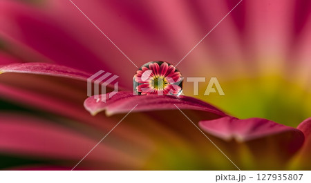Water Droplet Reflecting Vibrant Pink Daisy Flower Macro Photography 127935807