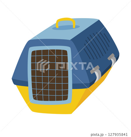 A blue and yellow dog carrier with a handle on white 127935841