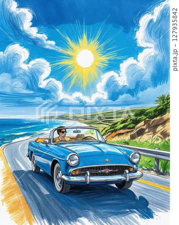 夏空と海岸線ドライブ − クレヨンアート 127935842