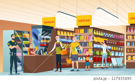 Retail food market. People shopping at the supermarket, choosing products on the shelves and pushing carts or shopping baskets 127935895