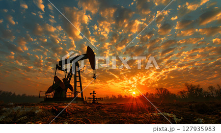 Rigs and other equipment as part of an oil production complex. AI Generated 127935983