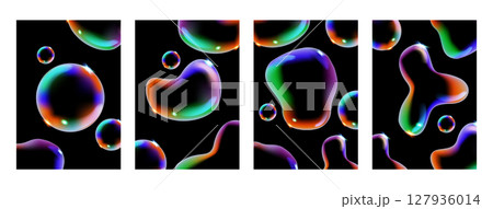Glowing soap bubbles on black background. Colorful soap bubble. 3D soap balloon. Foam, powder, soap, detergent 127936014