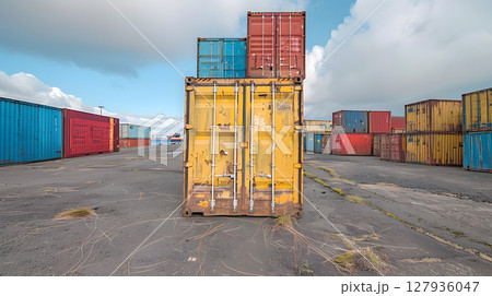 Multi-colored cargo containers on the pier of a cargo logistics port. AI Generated 127936047