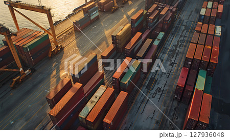 Multi-colored cargo containers on the pier of a cargo logistics port. AI Generated 127936048