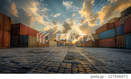 Multi-colored cargo containers on the pier of a cargo logistics port. AI Generated 127936073