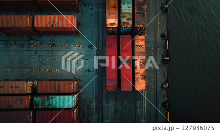 Multi-colored cargo containers on the pier of a cargo logistics port. AI Generated 127936075
