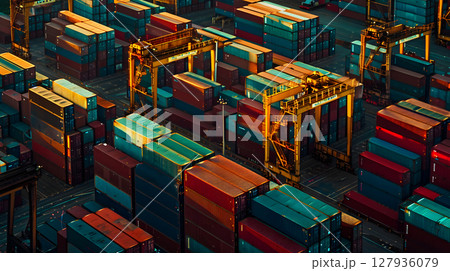 Multi-colored cargo containers on the pier of a cargo logistics port. AI Generated 127936079