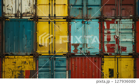 Multi-colored cargo containers on the pier of a cargo logistics port. AI Generated 127936080