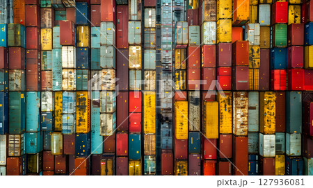 Multi-colored cargo containers on the pier of a cargo logistics port. AI Generated 127936081