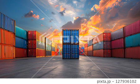 Multi-colored cargo containers on the pier of a cargo logistics port. AI Generated 127936102