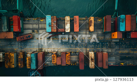Multi-colored cargo containers on the pier of a cargo logistics port. AI Generated 127936113