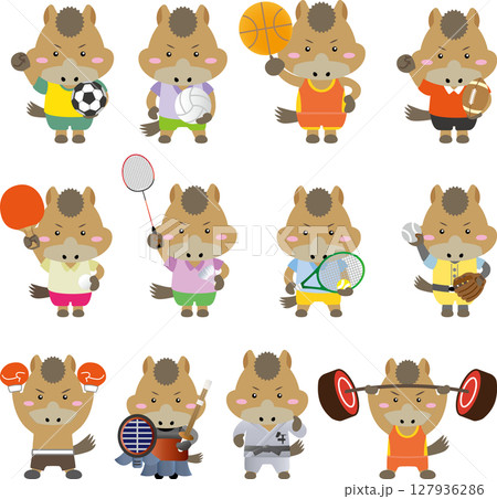 いろいろなスポーツに挑戦する馬のキャラクターたち(干支・午年・運動イラスト) いろいろなスポーツに挑戦する馬のキャラクターたち(干支・午年・運動イラスト) 127936286