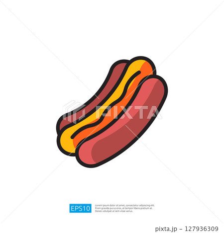 Colorful Icon of a Juicy Hotdog with Toppings in a Visual Representation of Fast Food Delights 127936309