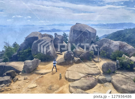 宮島（厳島）にある弥山の山頂の展望台から見た巨石群と海の風景（オリジナル画像からのAI生成） 127936486