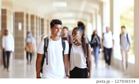 Students walking in college hallway, young latin american man and african woman 127936534
