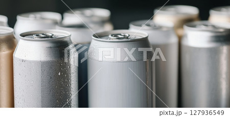 Close-up of multiple silver beer cans with blank surface as mockup, condensation, metallic texture, background Close-up of multiple silver beer cans with blank surface as mockup, condensation, metallic texture, background 127936549