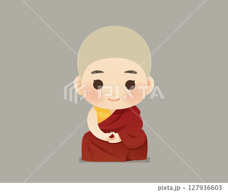 Cute Tibetan novice monk in red robe symbolizing mindfulness. 127936603